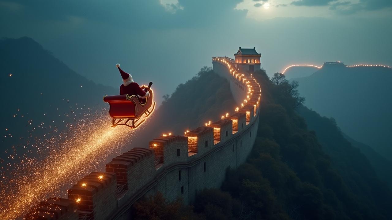 Magical atmosphere aerial shot. Santa flies in the direction of the camera on his sleigh. Trail of sparkles over The Great Wall of China. Arriflex Alexa shot. Ultrarealistic.