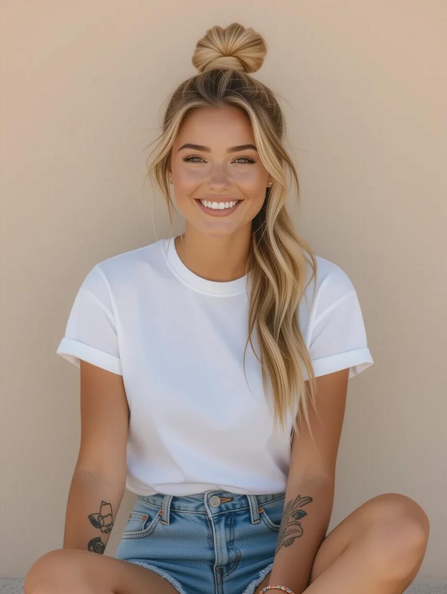 A young woman with blonde hair in a ponytail. She's wearing a plain white T-shirt with no print. Denim shorts are fitted. She's sitting with her legs crossed on the floor. The background is a sand-colored wall. Soft sunny daylight illuminates the scene. The atmosphere is relaxed and casual. Tattoos are visible on one arm. Natural makeup complements the look.