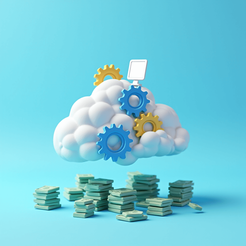 A fluffy cloud with colorful gears is hovering over stacks of money, symbolizing the intersection of technology and finance.