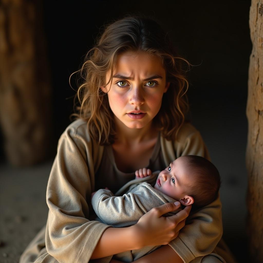 Close-up of a Jewish girl in 33 BCE holding a baby. They sit in a village stable. The girl looks anxious but determined.