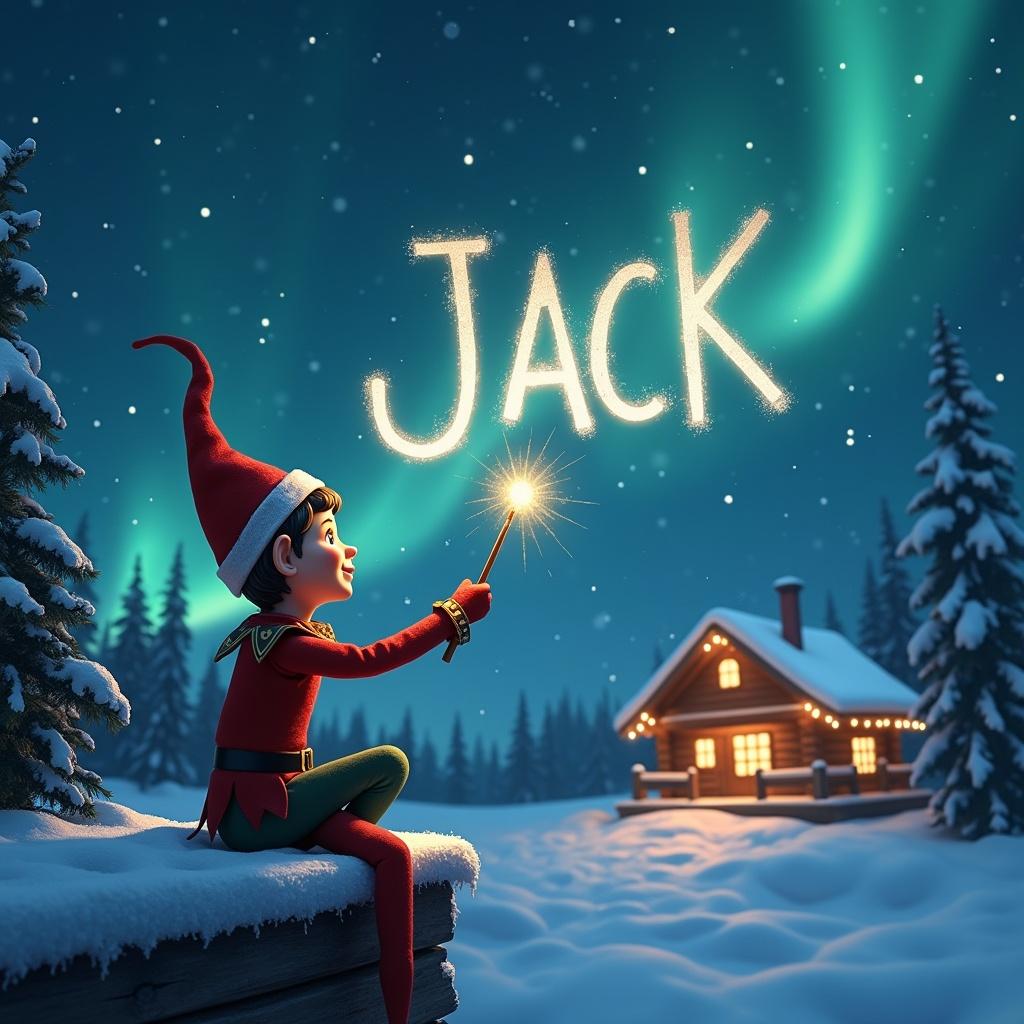 This enchanting image features a charming boy elf seated on a snowy ledge. He is writing the name 'JACK' in the sky with a shimmering wand. The backdrop is a stunning starry night illuminated by vibrant northern lights. In the distance, a cozy cabin radiates warmth, contributing to the festive ambiance. The scene is filled with a sense of joy and Christmas magic, making it ideal for seasonal celebrations.