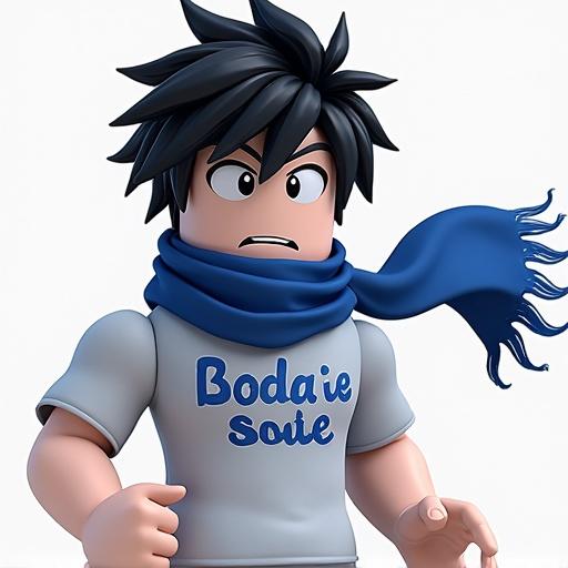 Roblox character art depicting a male player with short black anime hair. Character wears a blue scarf and a t-shirt with a blue inscription 'Ready Player Two'.