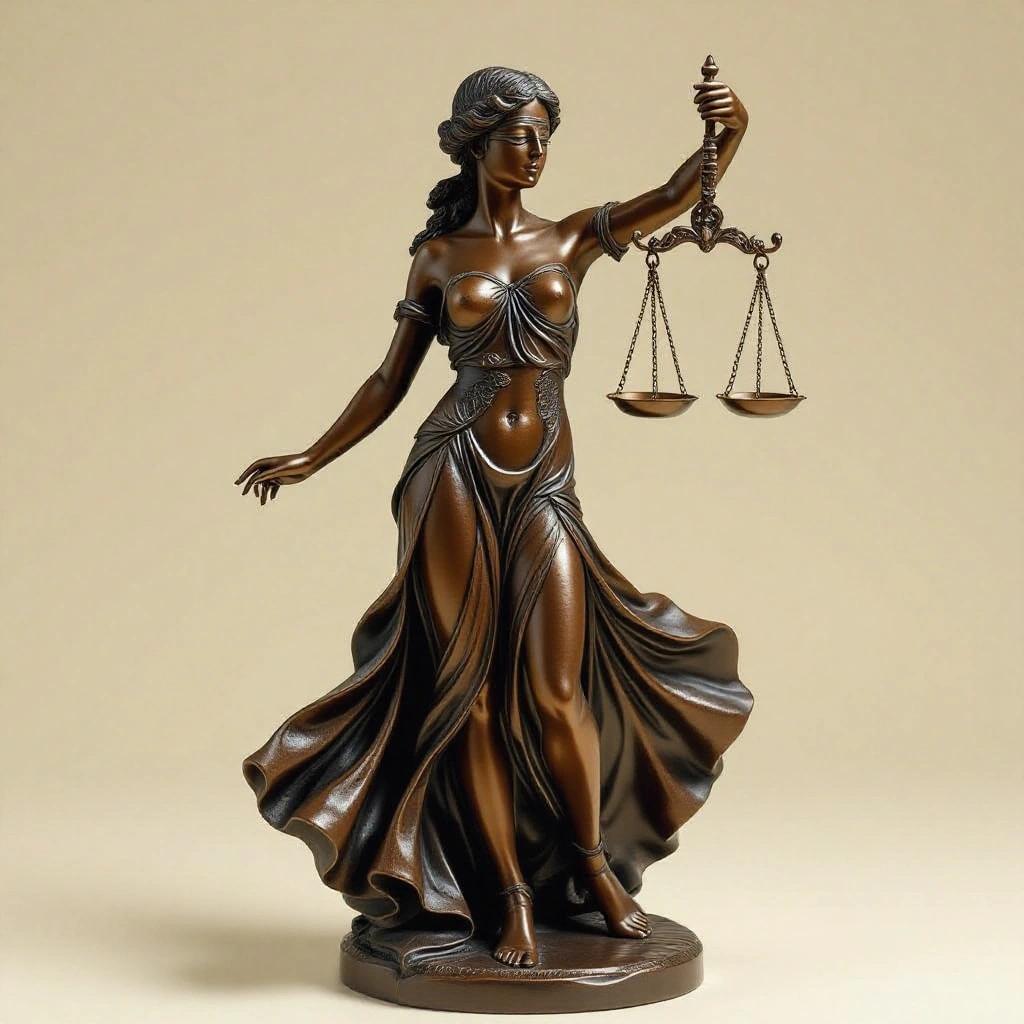 Feminine figure in resin inspired by Libra. Represents an ethereal and sensual goddess, beautiful, standing on one leg in an elegant classic dancer pose, serene but powerful expression. Long flowing dress with a train moving with the breeze, all fabrics seamlessly connected to her body or ground for ease of resin printing. Holds an ornate balance in one hand and a decorative sword in the other, seamlessly integrated into her figure. Attire features cool silver tones and soft gray details, no golden or warm touches, exuding balance, justice, and grace as a divine embodiment of the air sign.