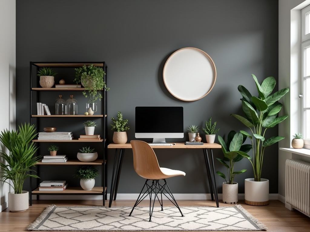 This image features a modern home office with a stylish design. The walls are painted in a deep grey color, creating a bold backdrop. On the left, there is a black metal shelving unit filled with decorative items and plants. To the right, a wooden desk stands with a sleek computer and a few books on top. A comfortable chair made of wood and metal is positioned in front of the desk. A patterned rug adds texture to the wooden floor, and various potted plants are placed throughout the space, enhancing the fresh and inviting atmosphere.