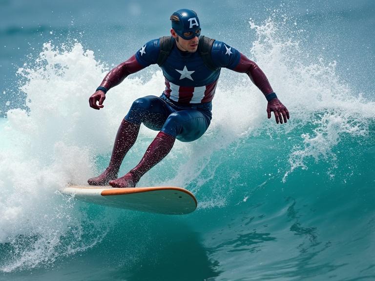 Captain America surfing in the ocean. Riding barrel-style ocean waves. Dynamic action shot. Vibrant colors of sea and surf. Superhero theme with athletic pose.