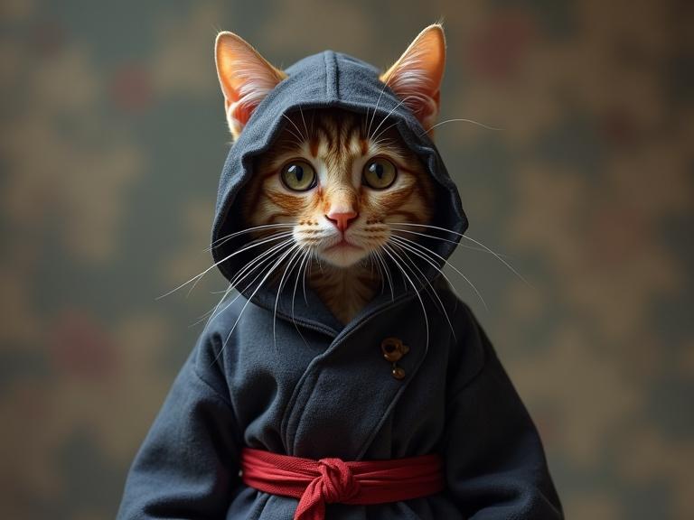 Cat dressed in a ninja outfit with a hood and belt. Cat has striking features and is gazing at the camera.
