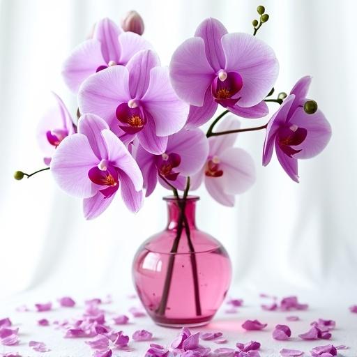 A pink glass vase filled with lavender and white orchids. The vase is on a light surface surrounded by floating petals and confetti. The background is white and elegant.