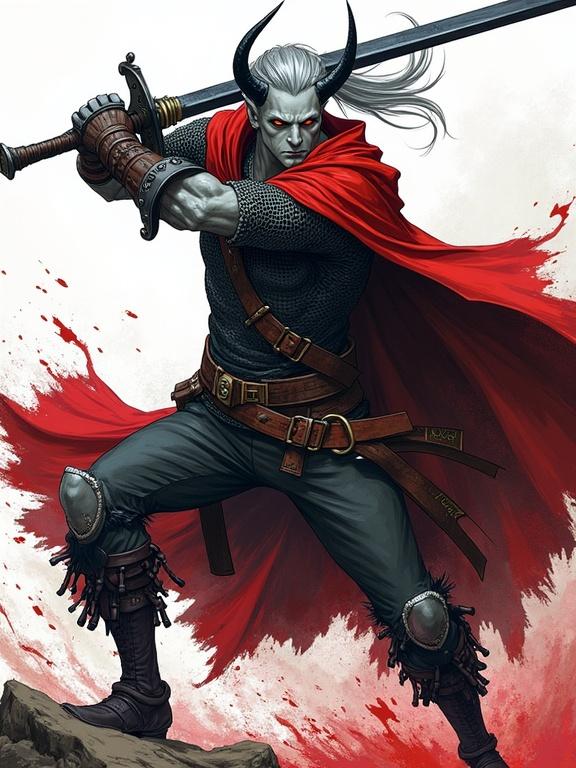 Comic style colored sketch of a tall male tiefling character mid-swing with a longsword. The tiefling has ash-gray skin, amber glowing eyes, and long silver hair. He is wearing a chainmail shirt and a flowing red cloak, with a shield on his back. Blood splashes around him while he strikes in a dynamic action pose.