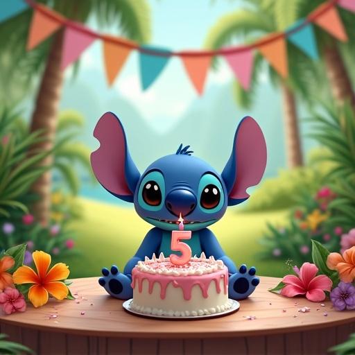 Stitch character in a tropical park behind a table with a birthday cake topped with a number 5 candle. Background features 'Skye' text. Surrounding tropical flowers and a colorful flag banner.