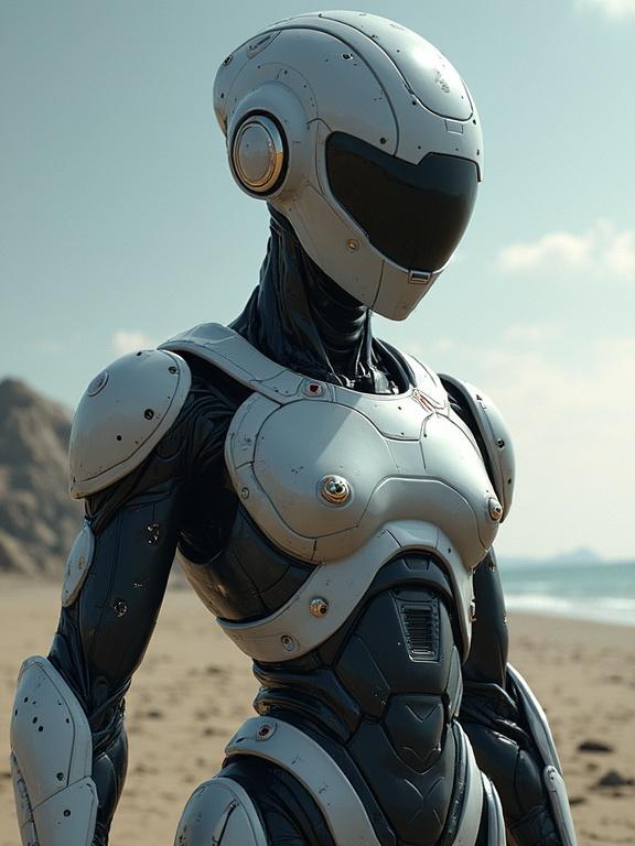 Android design inspired by anime character with humanoid features and robotic elements. The robot stands on a beach with a focus on sleek armor and details.