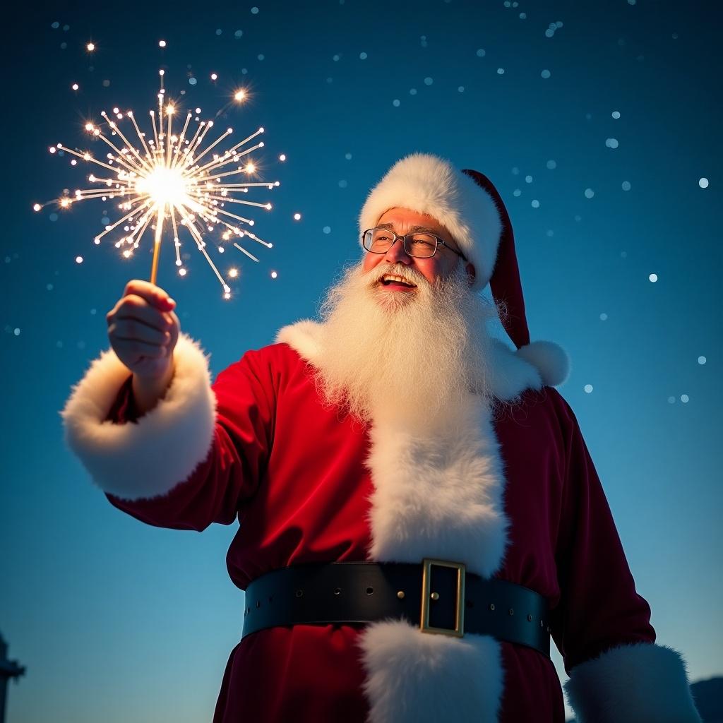 Santa Claus outdoors holding a sparkling wand. Bright starry sky. Writing something in the sky about medicines safety.