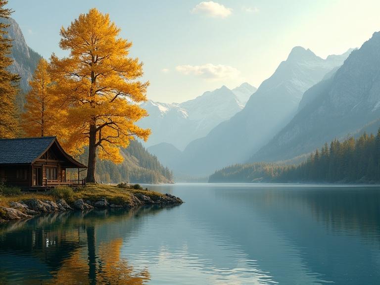 Golden pine forests surround mountains. House is located by the lake. A large golden tree stands prominently. Reflection visible in the lake. Scene depicts landscape photography with high detail.