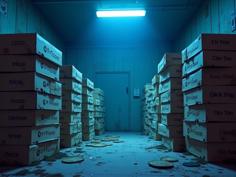 Stacks of moldy pizza boxes in a dimly lit storage area. Low blue lighting is prominent. Cel-shaded painterly 3D anime style is used in the artwork.