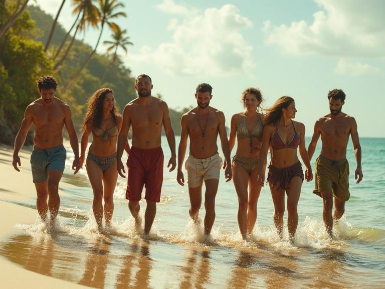 Seven adults walk from ocean onto sandy beach. They are soaked, clothes cling to bodies. Their faces show fatigue. Calm sea lapping at feet. Palm trees and lush vegetation surround beach. Bright sky with clouds and sunlight casting glow. Cinematic lighting highlights struggle.