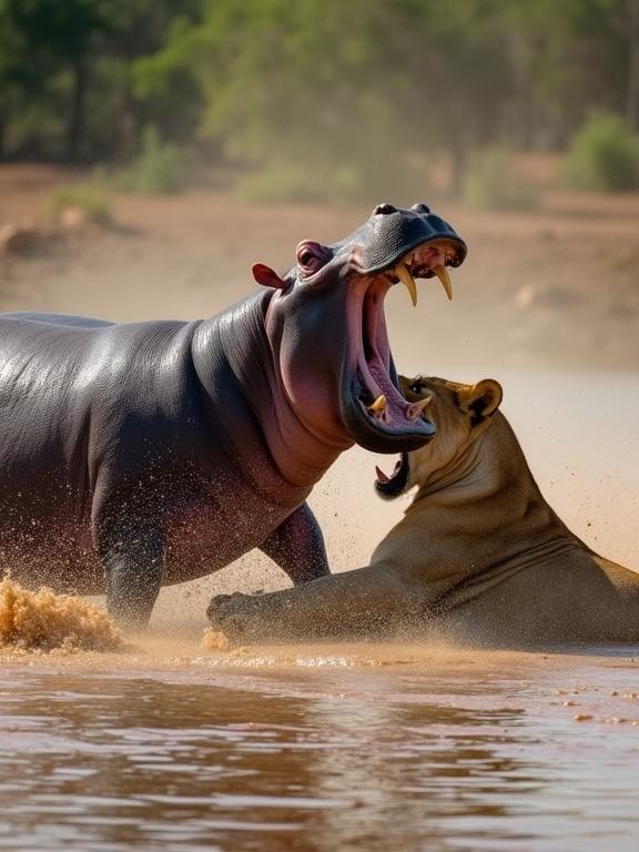 Scene depicts a hippo defending against a lion attack near a river. Water splashes and dust cloud the atmosphere during their struggle. Hippo shows fierce determination to protect itself in the confrontation.