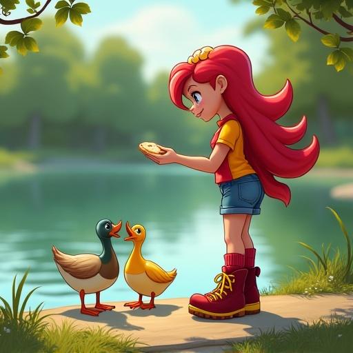 Girl at the park lake feeding ducks. Long red and yellow hair. Wearing red and yellow shirt, blue denim shorts, red socks, shiny red mid-calf hiking boots with yellow laces.