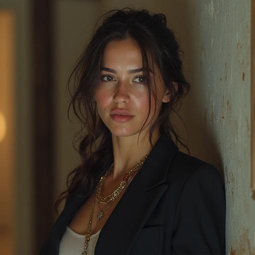 Close-up portrait of a woman with soft lighting and fashionable attire. Expressive gaze and natural beauty. Warm tones enhance the overall look.