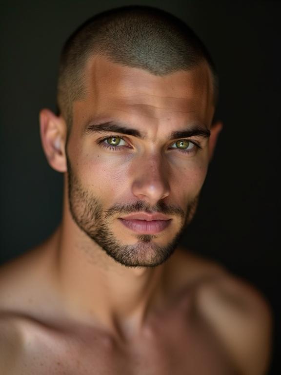 Portrait of a young man with green eyes. Small beard and shaved head. Muscular build and naked torso.