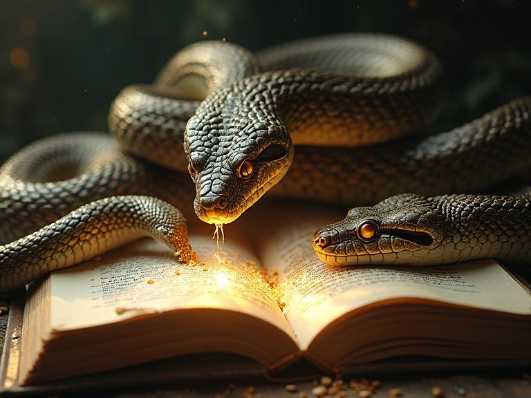 Intricate design book with a shining copper cover. Two snakes intertwine, biting their tails, symbolizing infinity. Book pages open with a mystical glow.
