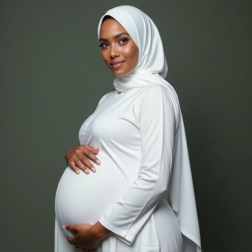 A pregnant woman wearing a hijab. The woman is dressed in a white outfit that looks wet. The background is a soft gray. The focus is on the woman's baby bump and her hands are gently cradling it.