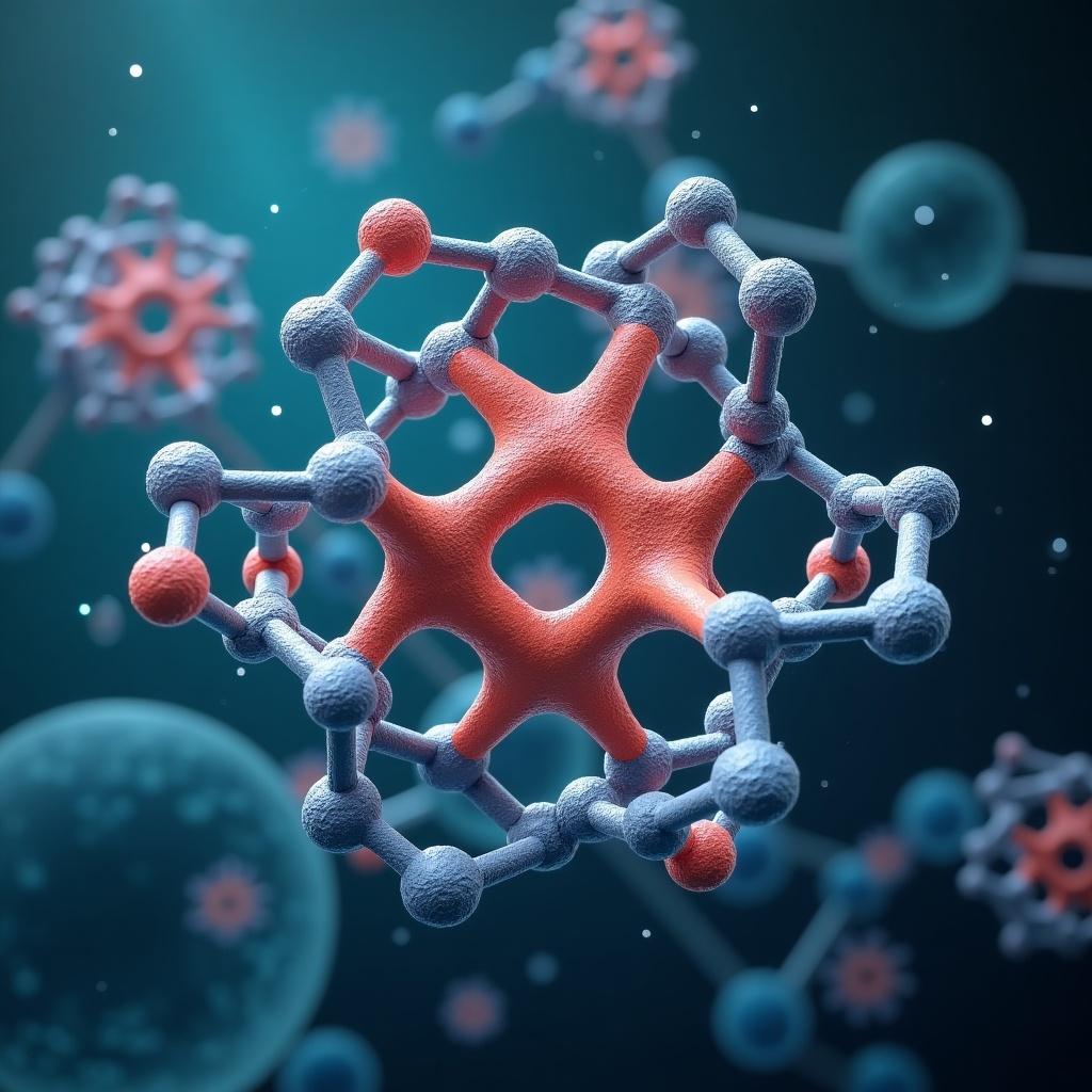 Illustration of a guest host molecule with a radionuclide. Molecular structure features spherical atoms in blue and red colors. Background includes soft glowing elements.