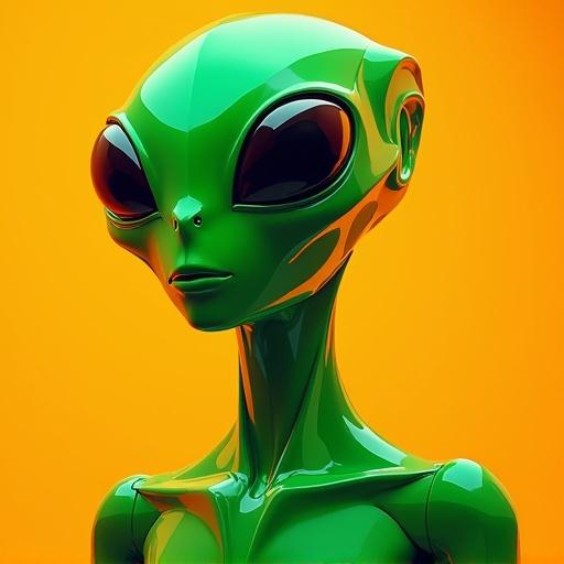 Portrait of a friendly alien in low poly style. Colors are neon green and neon orange. Textures are plastic and reflective. Includes reflections in the design.
