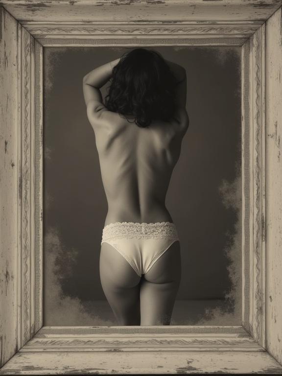 Artistic pose of a person wearing undergarments. Black and white with a sepia tone. High contrast and vignette effects. Detailed vintage frame enhances visual impact. Focus on silhouette and curves. Captivating and artistic representation.