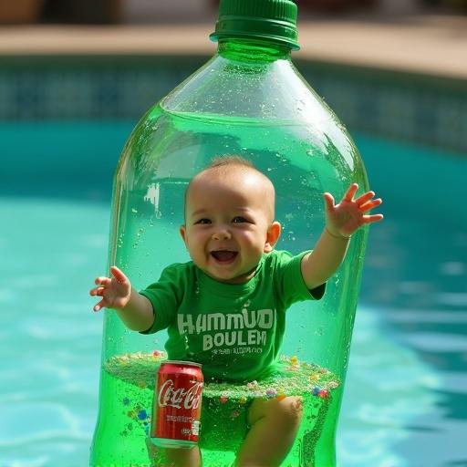 A baby is floating in a large green plastic bottle. The bottle contains water and colorful orbs. The baby is smiling and reaching out. The bottle has a label that reads HAMOUD BOUALEM. A small can of Coca-Cola is visible beside the baby. The background suggests a pool setting with blue hints.