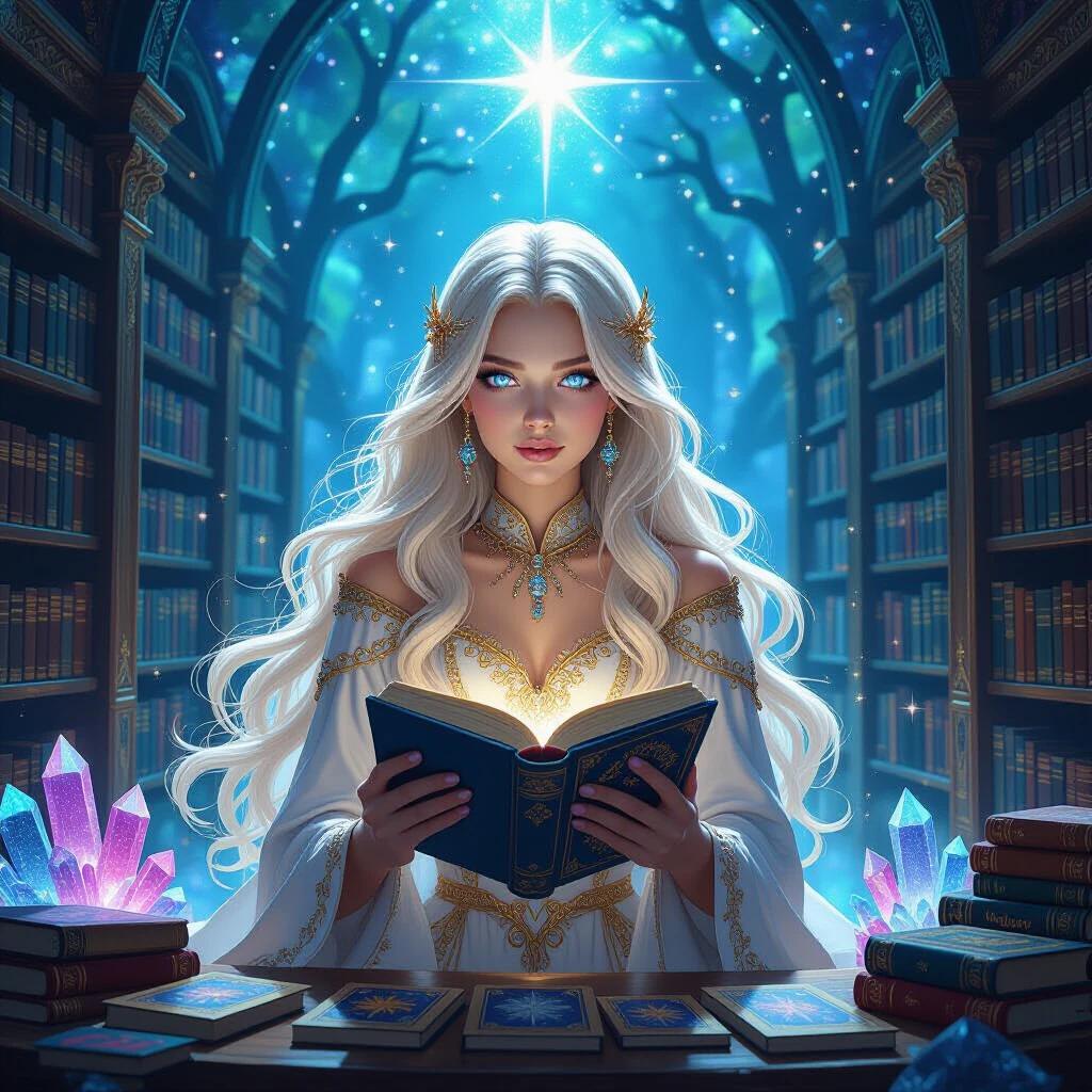 A celestial librarian sorceress with very long shining blonde hair. Her deep blue eyes sparkle with the light of galaxies. Surrounded by shelves of arcane books in a crystal forest. She wears pale purple lace underwear and slippers made from starlight. Soft cosmic aura present.
