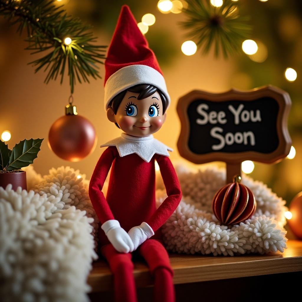 The image depicts a cheerful Elf on the Shelf doll in a cozy setting. The elf, dressed in a red outfit with a white collar, sits on a plush surface surrounded by Christmas decorations. A charming sign reads 'See You Soon,' adding to the festive atmosphere. Soft, warm lighting illuminates the scene, creating an inviting ambiance. Decorative elements like ornaments and holiday greenery enhance the holiday spirit.