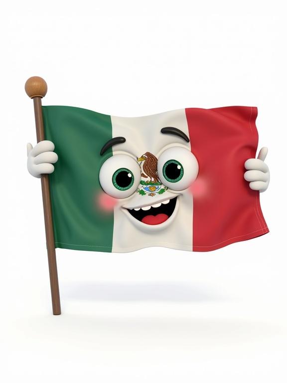 Cute animated flag of Mexico with large expressive cartoon eyes and a smiling mouth. Detailed national emblem in the center. Small arms waving hello. Cheerful and vibrant 3D rendering. White background. Suitable for kids video.