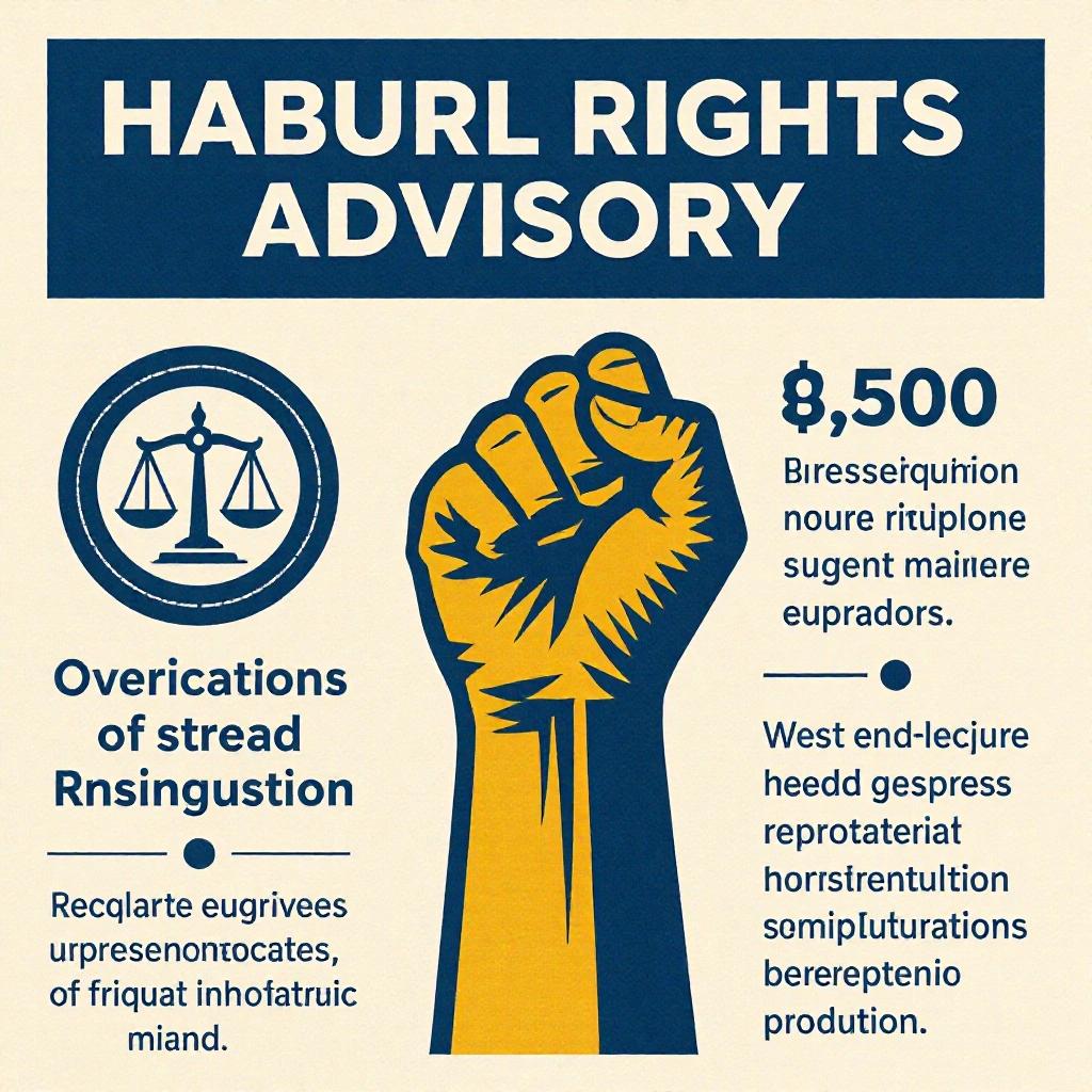 Advisory on labor rights featuring a raised fist symbol and text on rights violations. Includes statistics and calls to action.