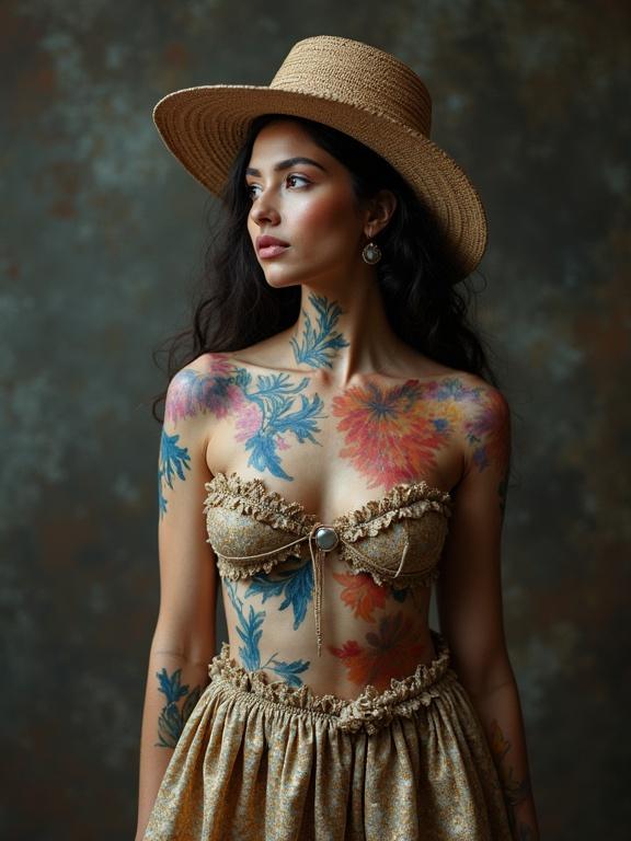 Bodypainted woman with floral designs poses against a textured background. She wears a straw hat and has long hair. The outfit consists of a patterned top and skirt. Vibrant body art covers her torso.