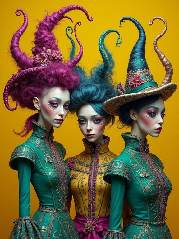 Three mirrored gypsies in unique attire. Shades of green, magenta, yellow, and blue dominate. Bright contrasting background in yellow ocher and burnt sienna. Detailed and expressive designs.