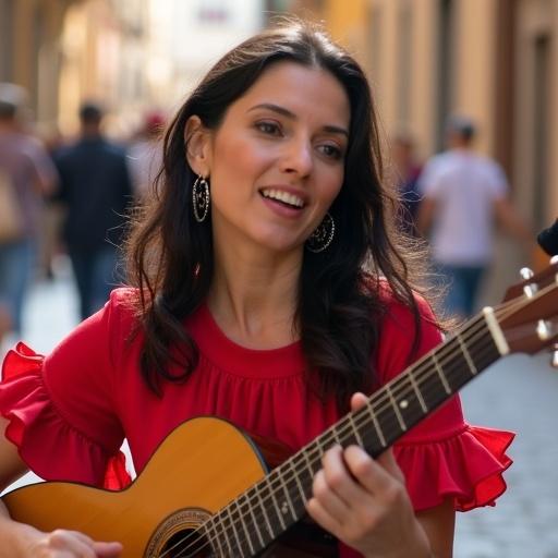 A woman is playing guitar in a lively street. She has dark hair in loose waves. Wears a red blouse with ruffles. A hat with coins is at her feet. Her lips are parted while she sings. Afternoon light creates warm shadows.