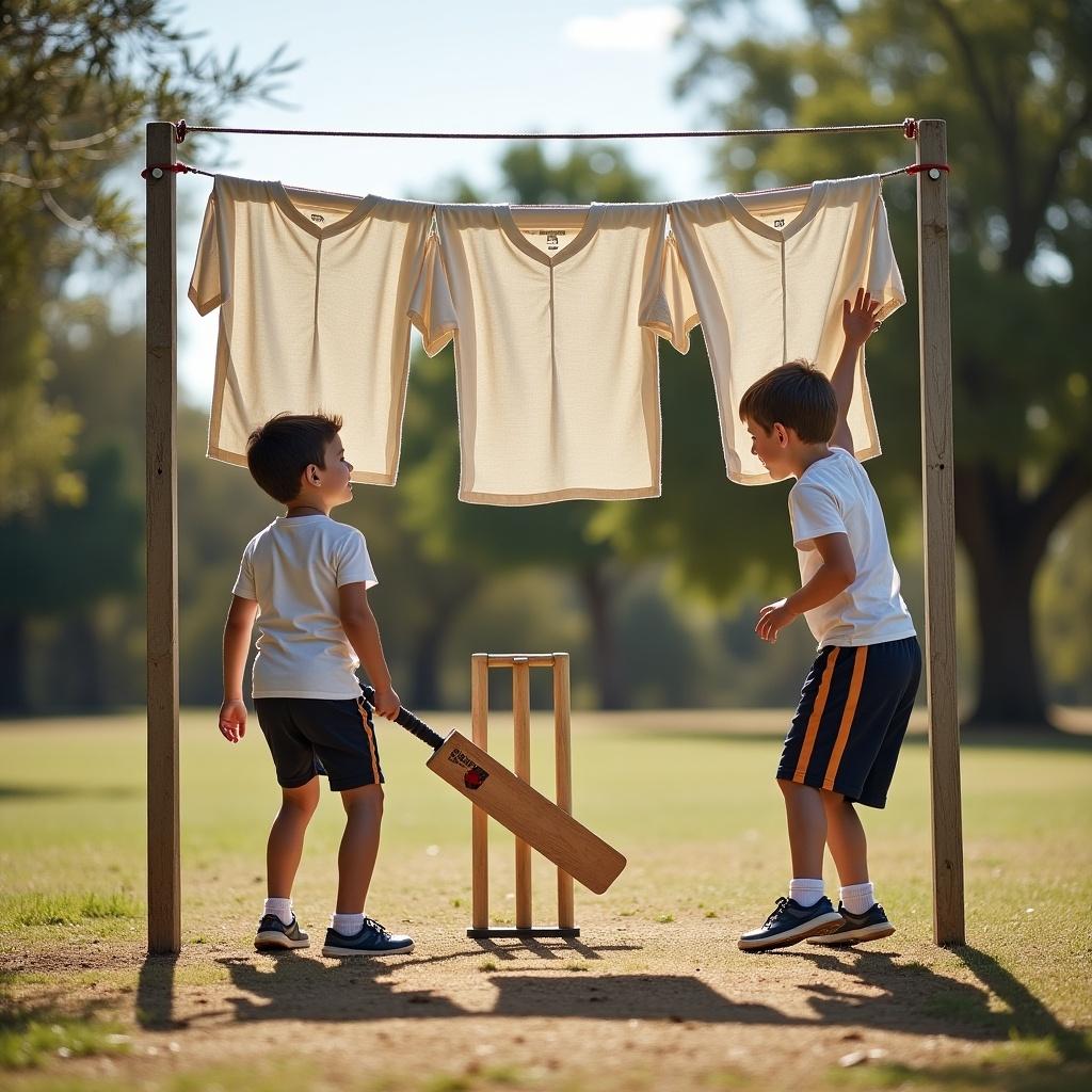 Two boys play cricket under a clothesline. One boy holds a bat. Wickets are arranged on the grass. Clothes hang on the line. Scene shows a sunny outdoors. Soft focus background emphasizes action. It is a warm day. Boys are having fun.