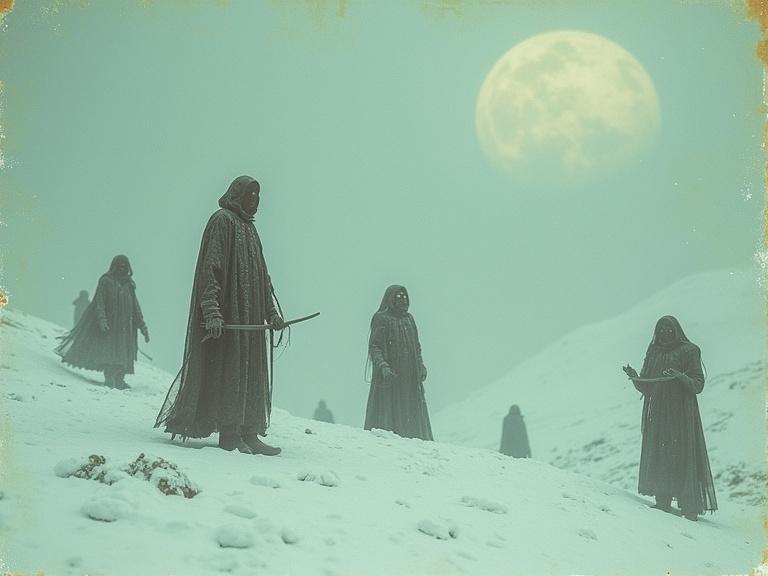 A surreal and magical dystopian scene with strange figures on a snow-covered planet. Vintage grainy photography style adds an otherworldly feel.