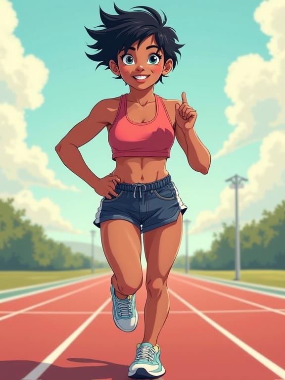 Full body portrait of a teenage girl running on a track. She has tanned skin, short black messy pixie hair, blue eyes. Wearing an athlete outfit with midriff relief and shorts. She has wide and thick hips, oversized sneakers. Bright and inviting atmosphere.