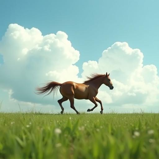 Caramel colored horse runs from the right side of the screen in an open field. The horse moves toward the center. As it gets closer, it sprouts wings and flies away. Background features large white clouds in a blue sky.