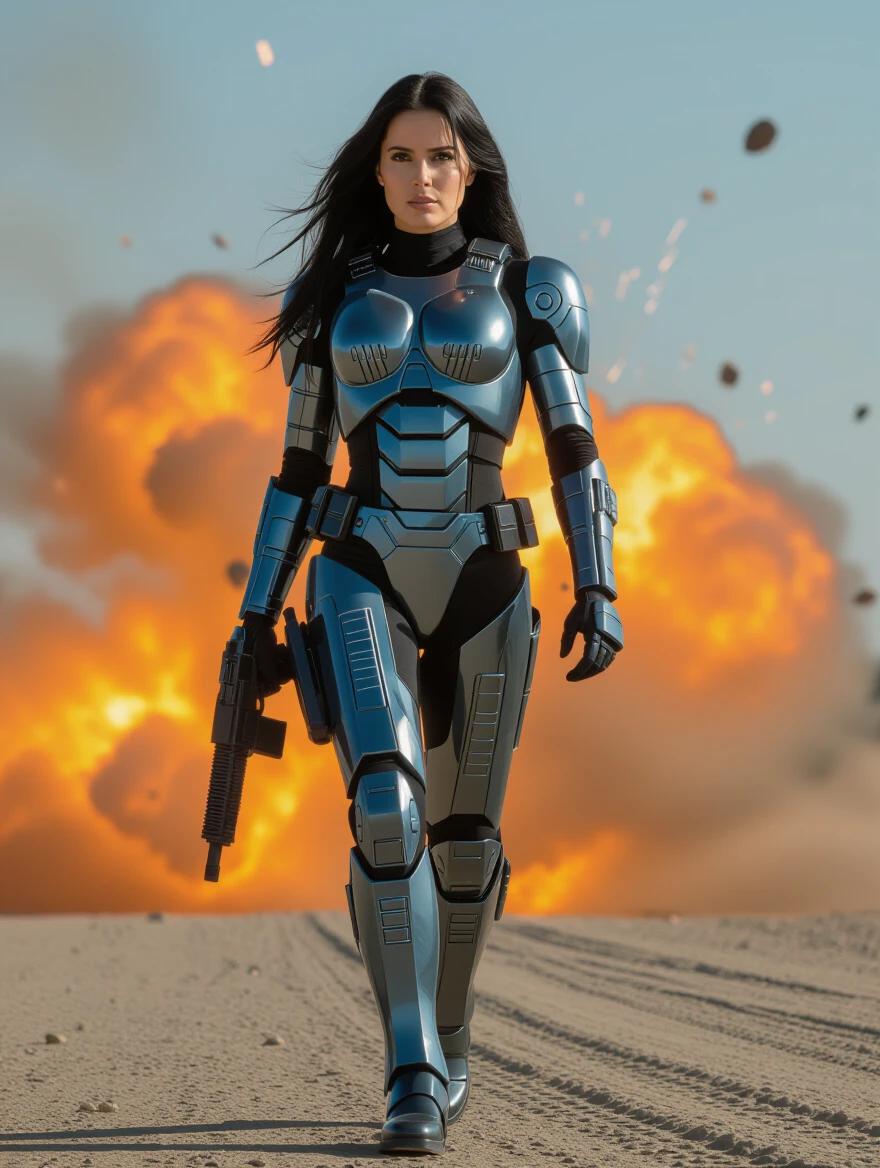 Female character walks confidently in metallic armor. Background features a large explosion. Character holds a gun. Long dark hair flows freely. Image depicts a full-body shot.