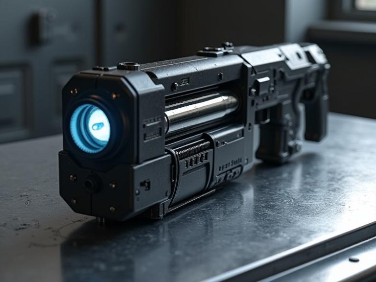 Realistic bulky long military bevel rectangle black grenade launcher on a silver metal table. Glowing blue power cartridge visible. Detailed textures and shadows. Dark grey metal room with top spotlighting.