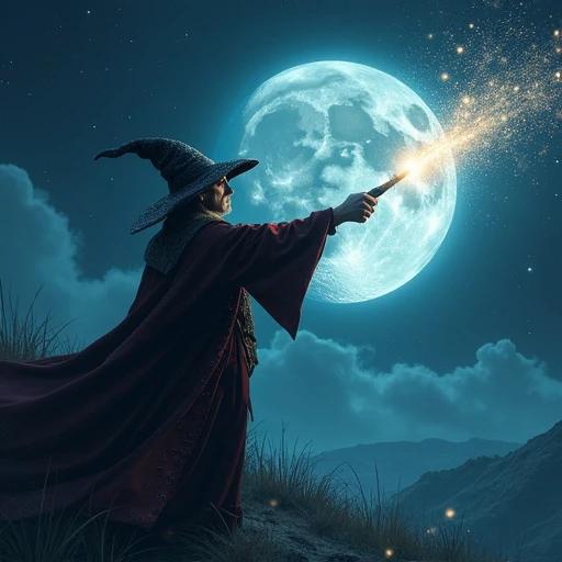 Elite wizard shooting mystical magical moon beam. Wizard wears a traditional robe and pointed hat. Moon is large and bright in the night sky. Flare of magic comes from the wand. Grass and mountains are visible in the background. Scene is enchanting and dreamlike.