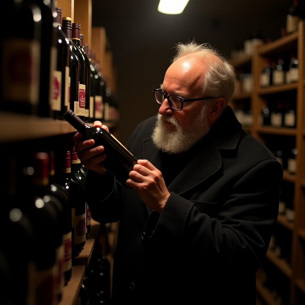 Elderly man examines wine bottle in dim cellar. Surrounded by wine bottles. Wearing a dark coat. Features a beard and glasses. Intimate atmosphere with warm light.