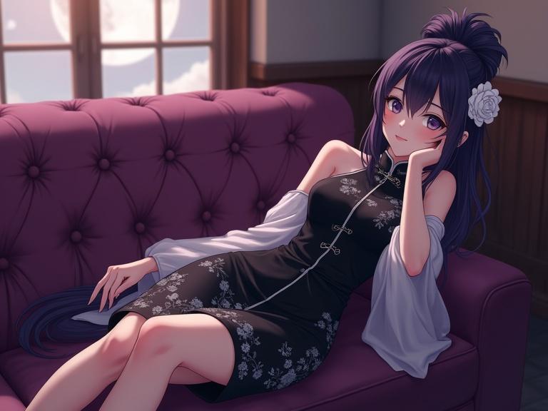 Full body shot of beautiful anime woman with long dark purple hair styled in curly updo. She lies on purple tufted sofa in coffee shop. Moon visible through window. Wearing black cheongsam dress with white floral patterns and sheer white sleeves. Warm lighting enhances the ambiance. Ultra-detailed anime style, 4K.