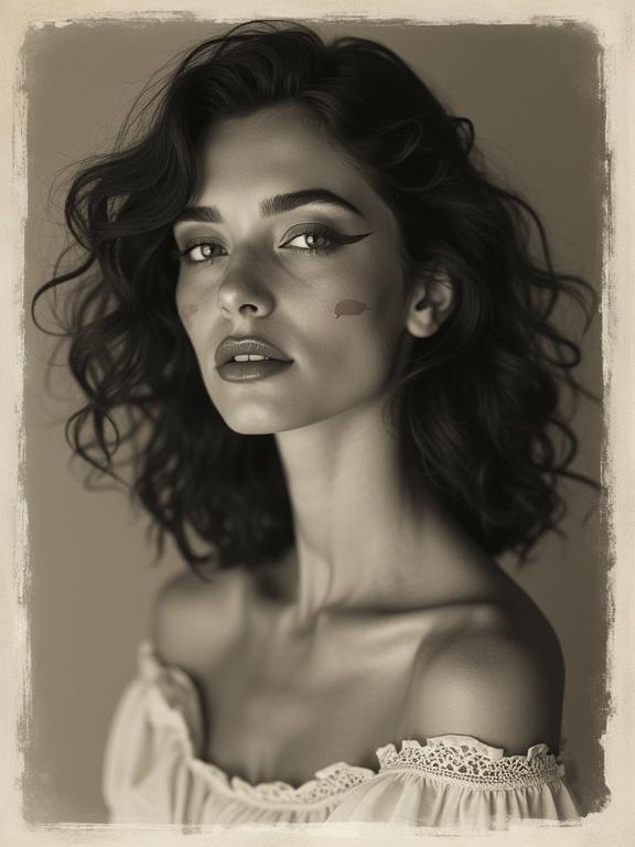 A vintage style beauty shot of a model with artistic pose. The photo is in black and white sepia with a white border. High contrast and grainy texture. Diffused lighting creates soft shadows. Shot from a low angle. The model showcases unique features with yogurt splashes on eyebrows.