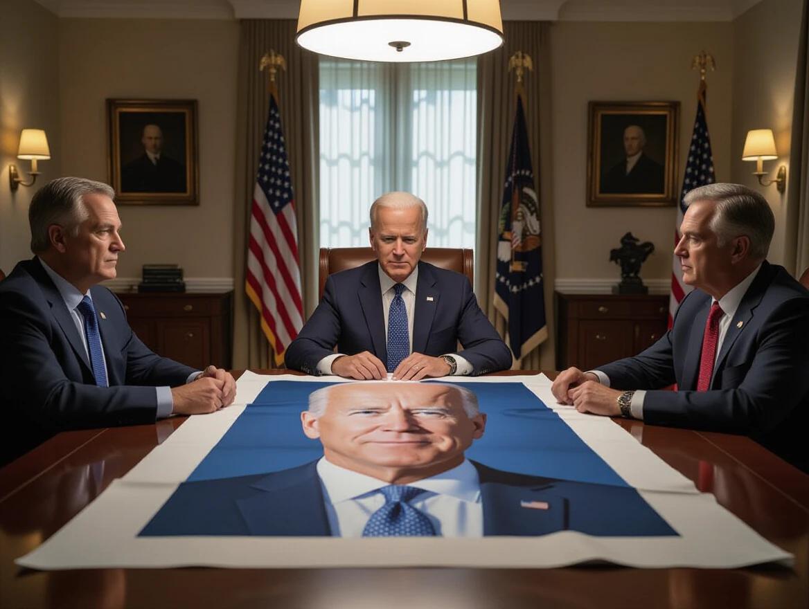 Ultra-realistic scene in a dimly lit room. Three Democratic senators are gathered around a large table. One senator has his head turned away. They are holding a partially torn portrait of Biden. The atmosphere is tense with serious expressions. Warm light and deep shadows create a dramatic effect.