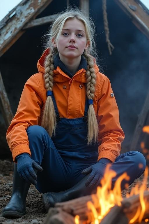 Exterior view of wrecked fishing boat on arctic island. Young woman with long blonde hair in pigtails. She wears orange raincoat and navy blue fisherman dungarees by campfire inside wrecked hull.
