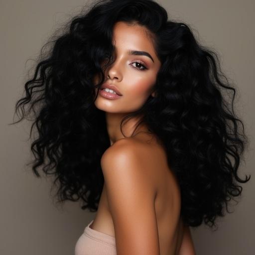 Nude model with voluminous curves. Waves in hair. Jet black shades add depth. Soft lighting enhances features.