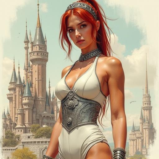 A full body portrait of a warrior woman with red hair. Her hair is brushed back. She wears a metal tiara and a white leather swimsuit. The outfit includes a metallic breastplate. She stands in front of a retro futuristic castle.