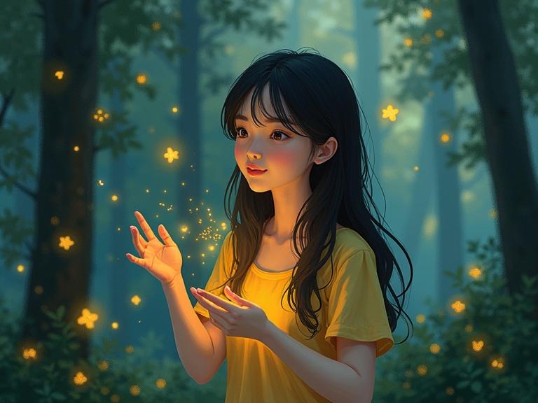 Digital artistic water painting showing a girl in a forest playing with glowing fireflies. The girl has long dark hair and wears a yellow shirt. Enchanted atmosphere with soft glowing lights around her.